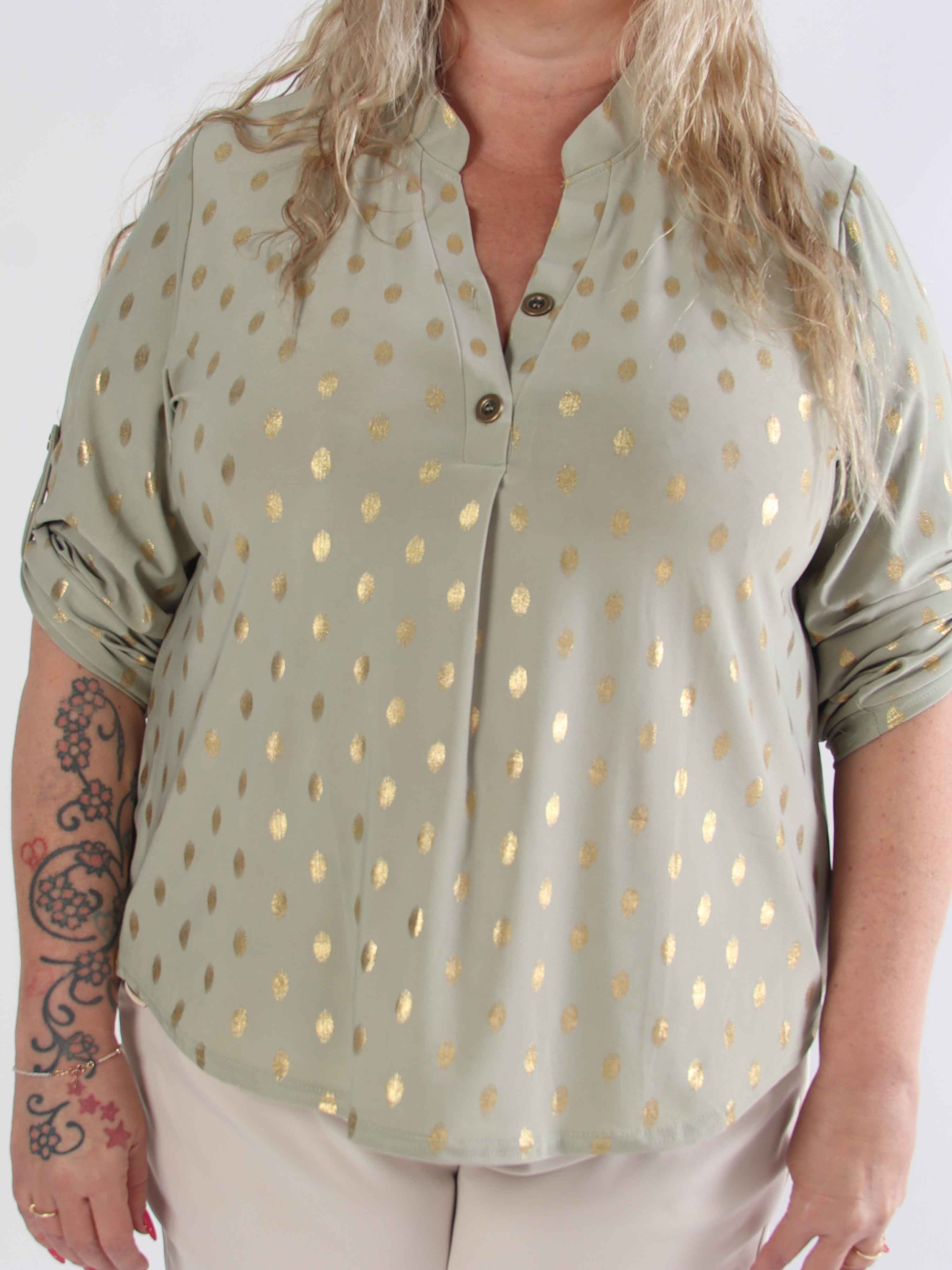 Ebba Gold Shirt - Elastisk plus size blus med guld prickar